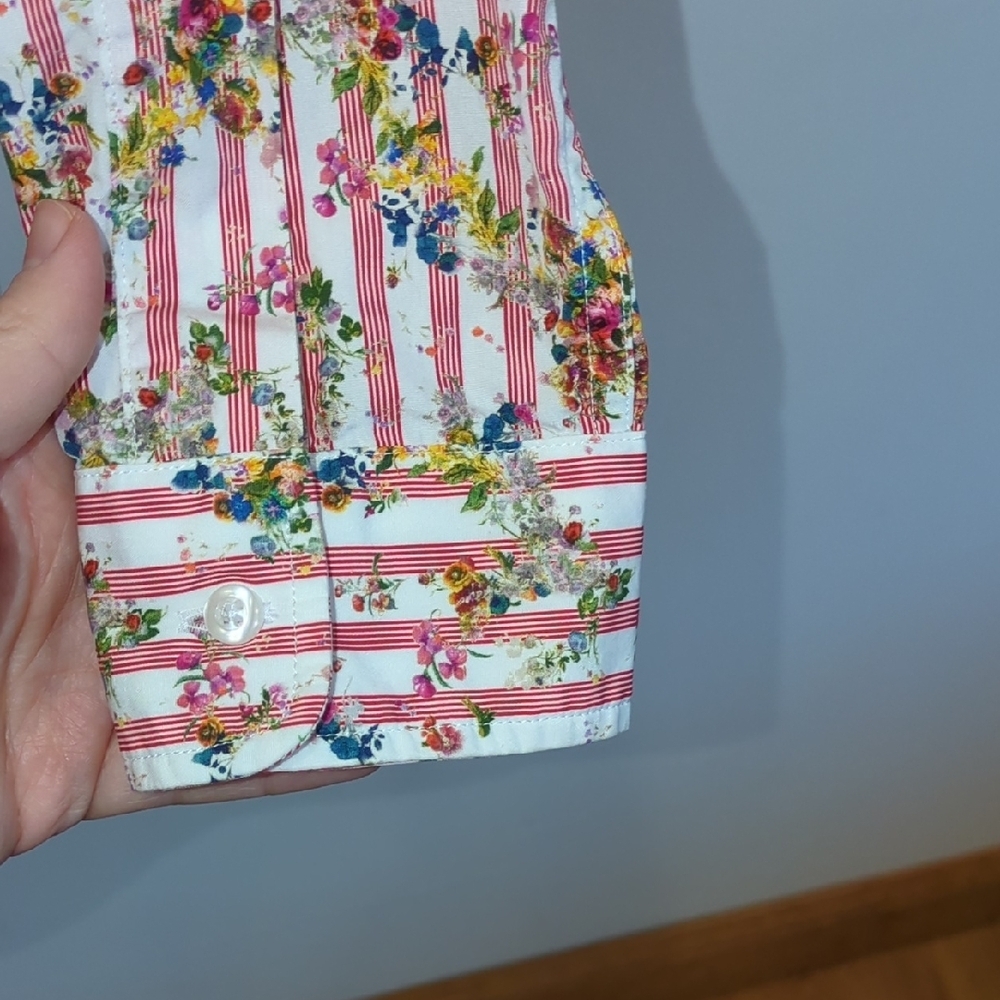 Frank&Eileen Floral Red‎ Striped Button Up Shirt Medium Cottage Preppy Whimsy - Picture 6 of 8